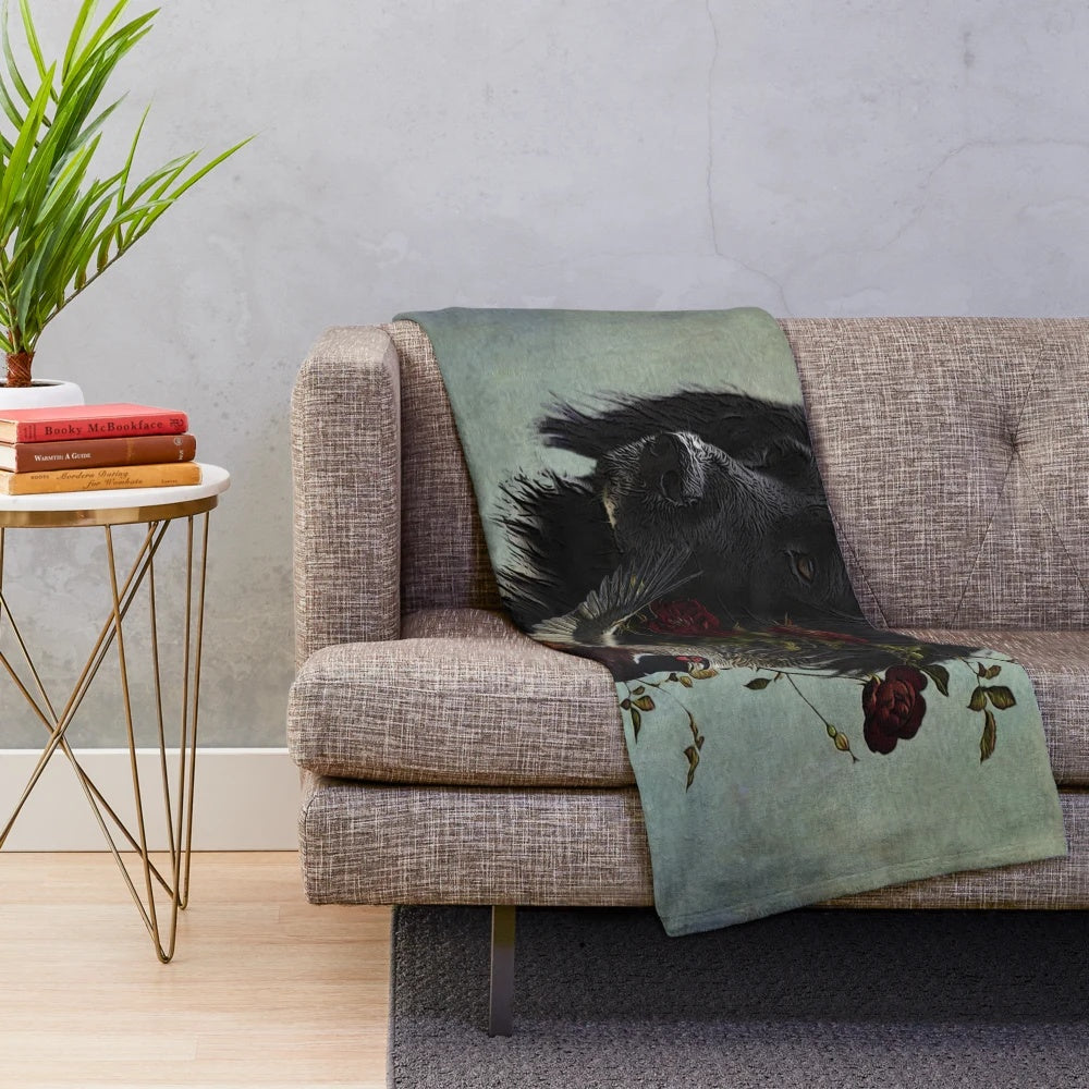 A large munsterlander dog hunting pheasants printed on a plush blanket
