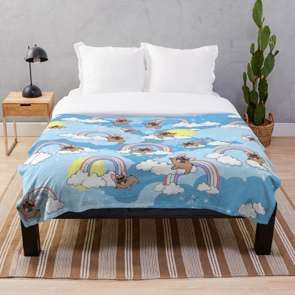 Plush blanket with a sweet French bulldog design on a rainbow background