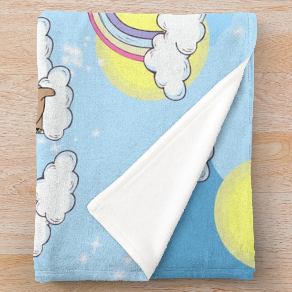 Plush blanket with a sweet French bulldog design on a rainbow background