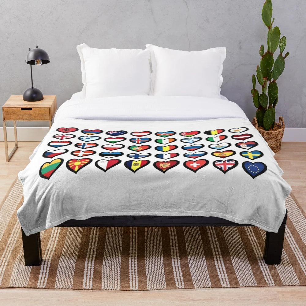 Soft and cozy plush blanket with Eurovision Song Contest flags and hearts design