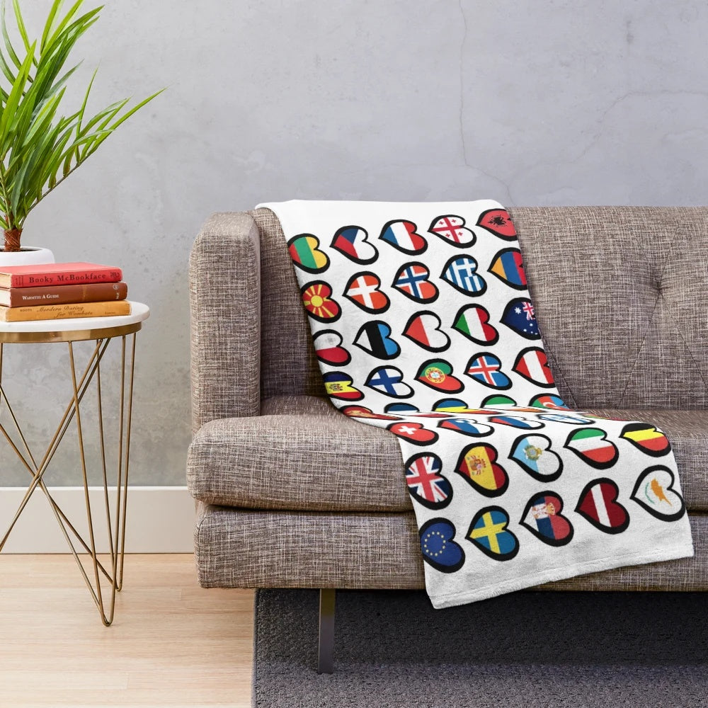 Soft and cozy plush blanket with Eurovision Song Contest flags and hearts design