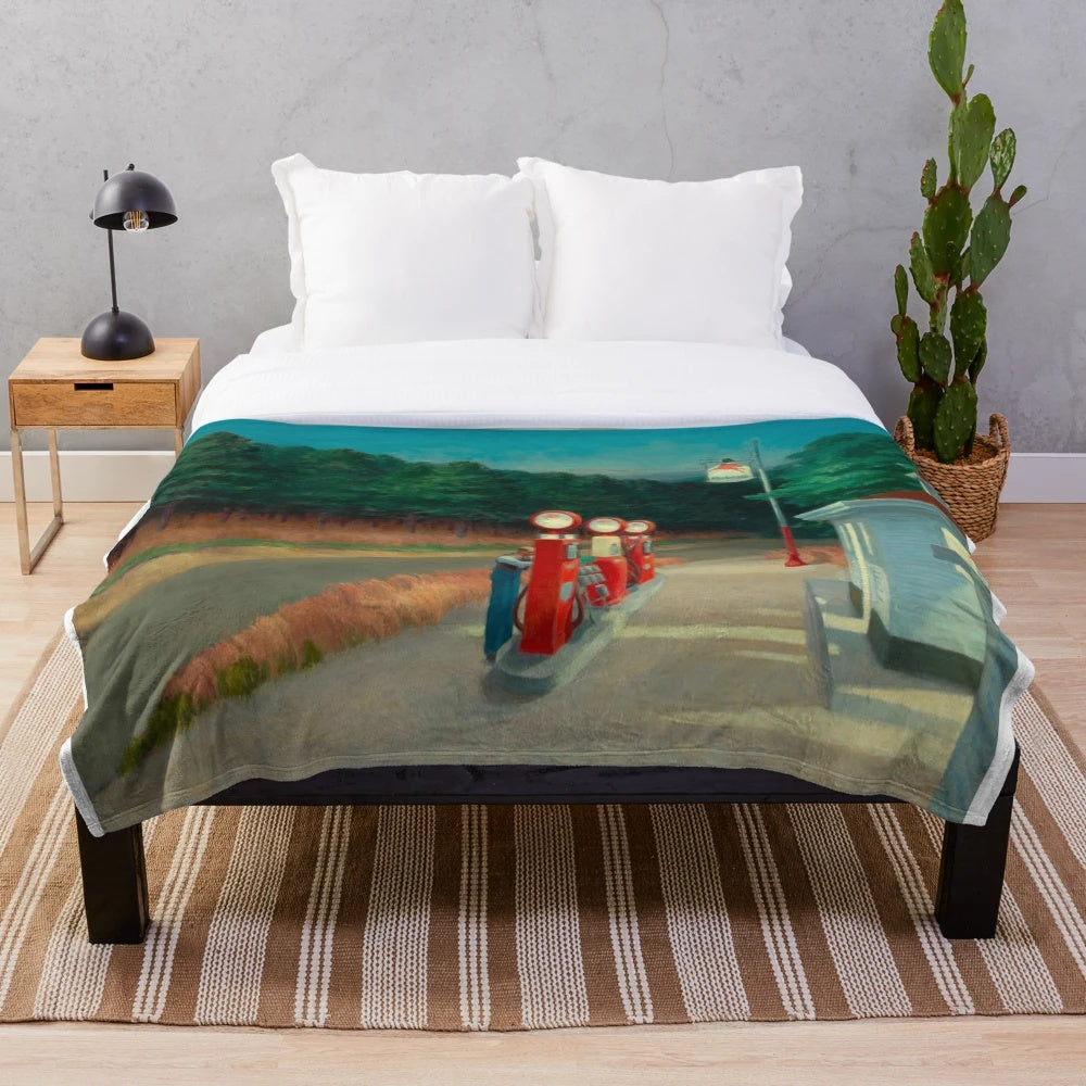 Plush blanket with Edward Hopper's "Gas" painting, featuring a gas station at night