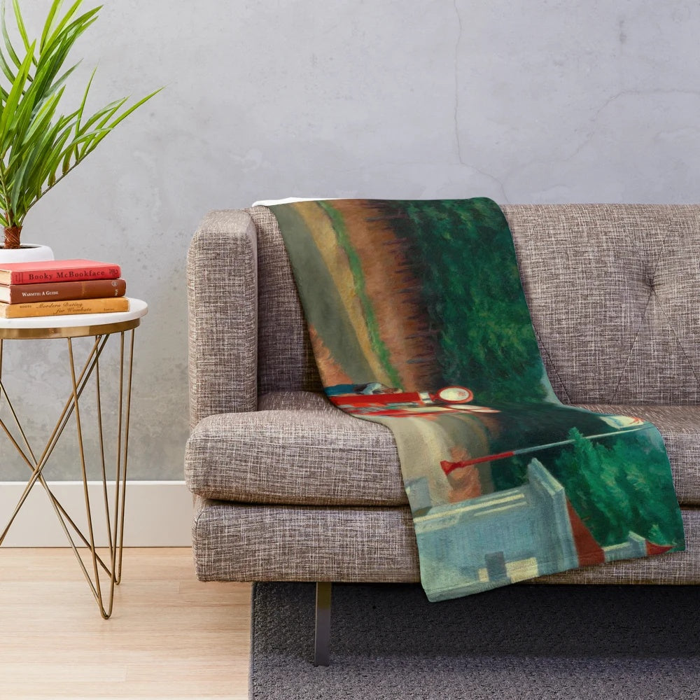 Plush blanket with Edward Hopper's "Gas" painting, featuring a gas station at night