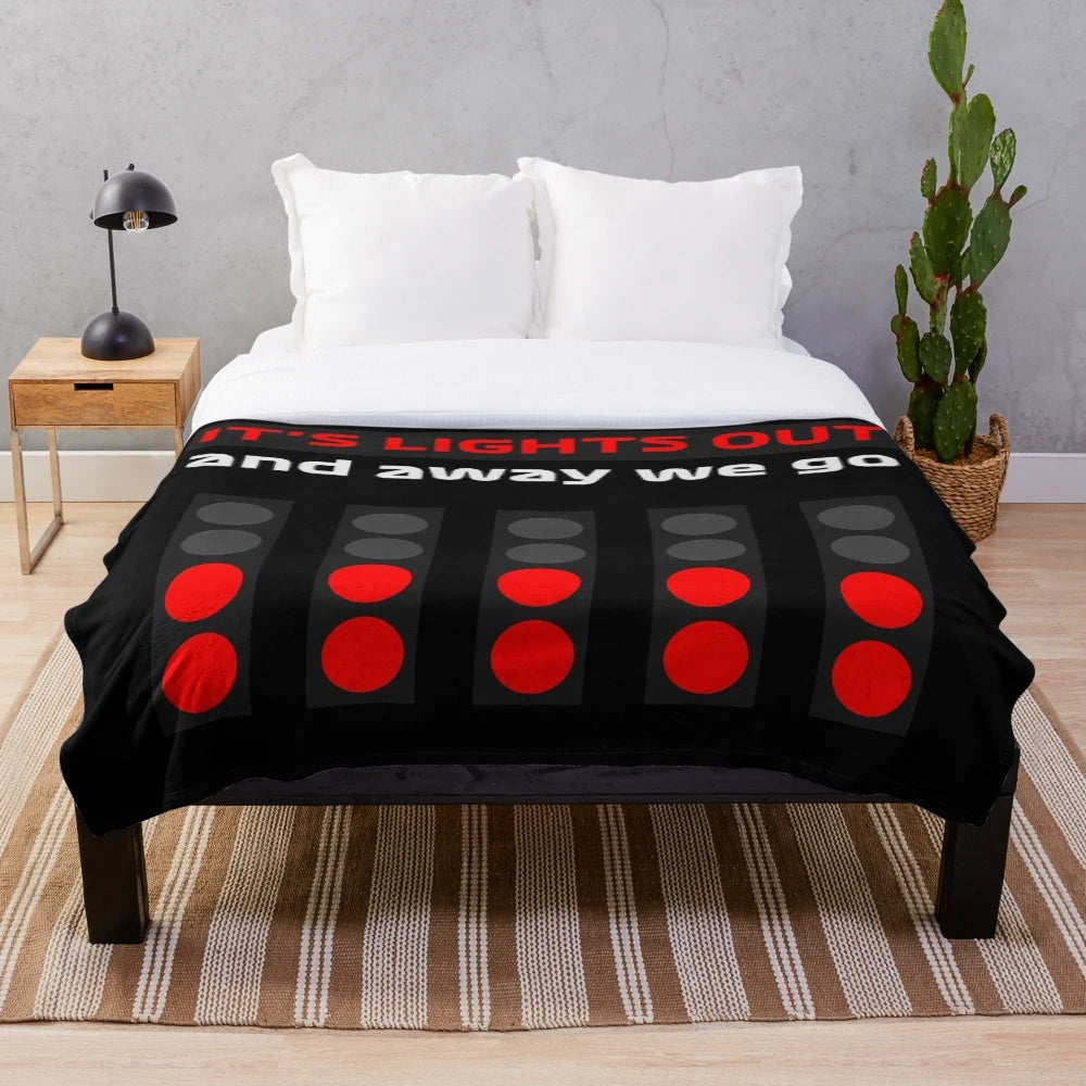 Plush blanket with F1 racing, commentators, and champions