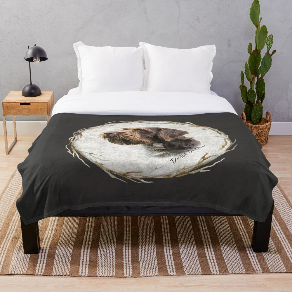 Plush blanket with an illustration of a German Wirehaired Pointer