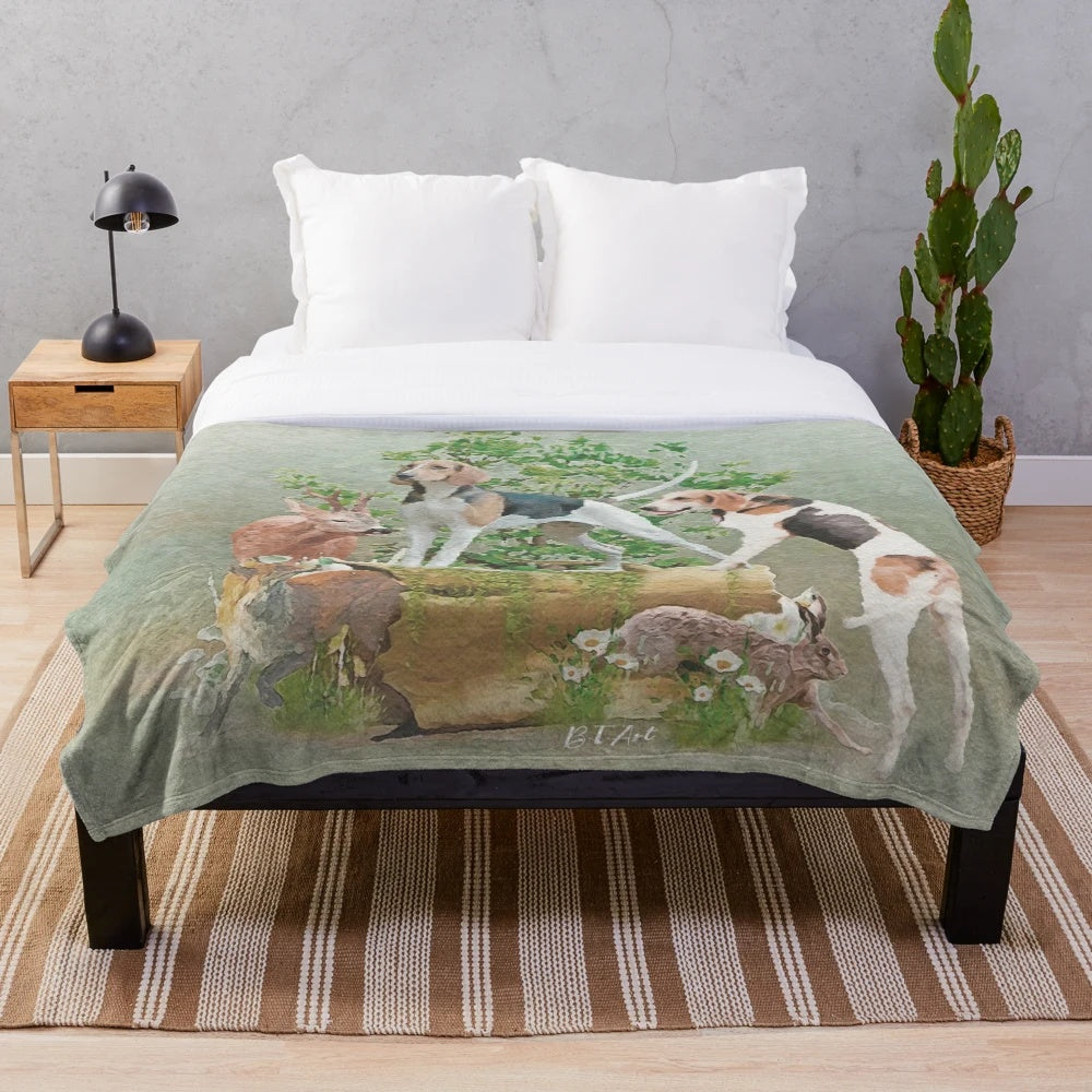 Plush blanket with hunting dog breeds such as English Foxhound and Dachshund