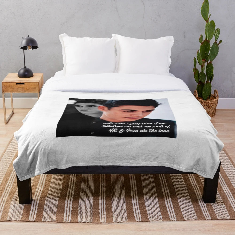 Plush blanket with literary quote "He's more myself than I am. Whatever our souls are made of, his and mine are the same.