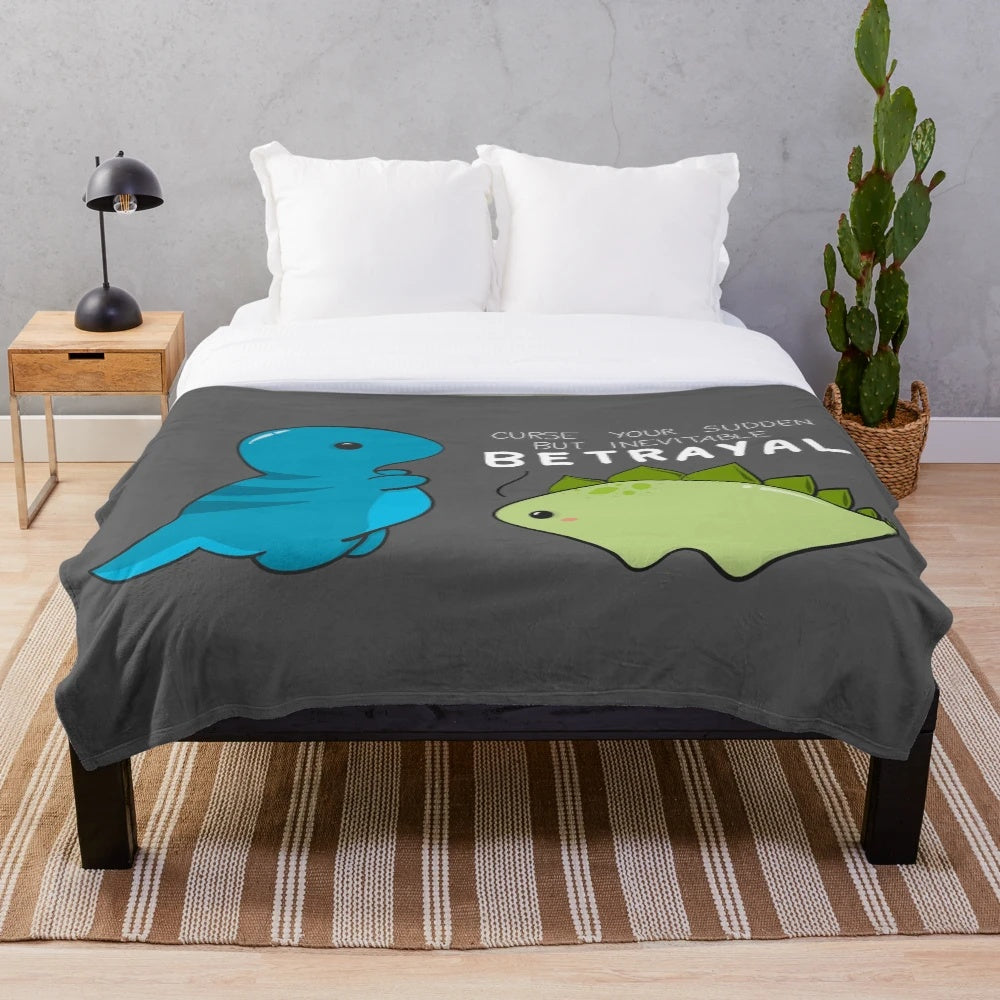 Plush blanket depicting a Firefly-inspired "Curse your sudden but inevitable betrayal" scene with dinosaurs