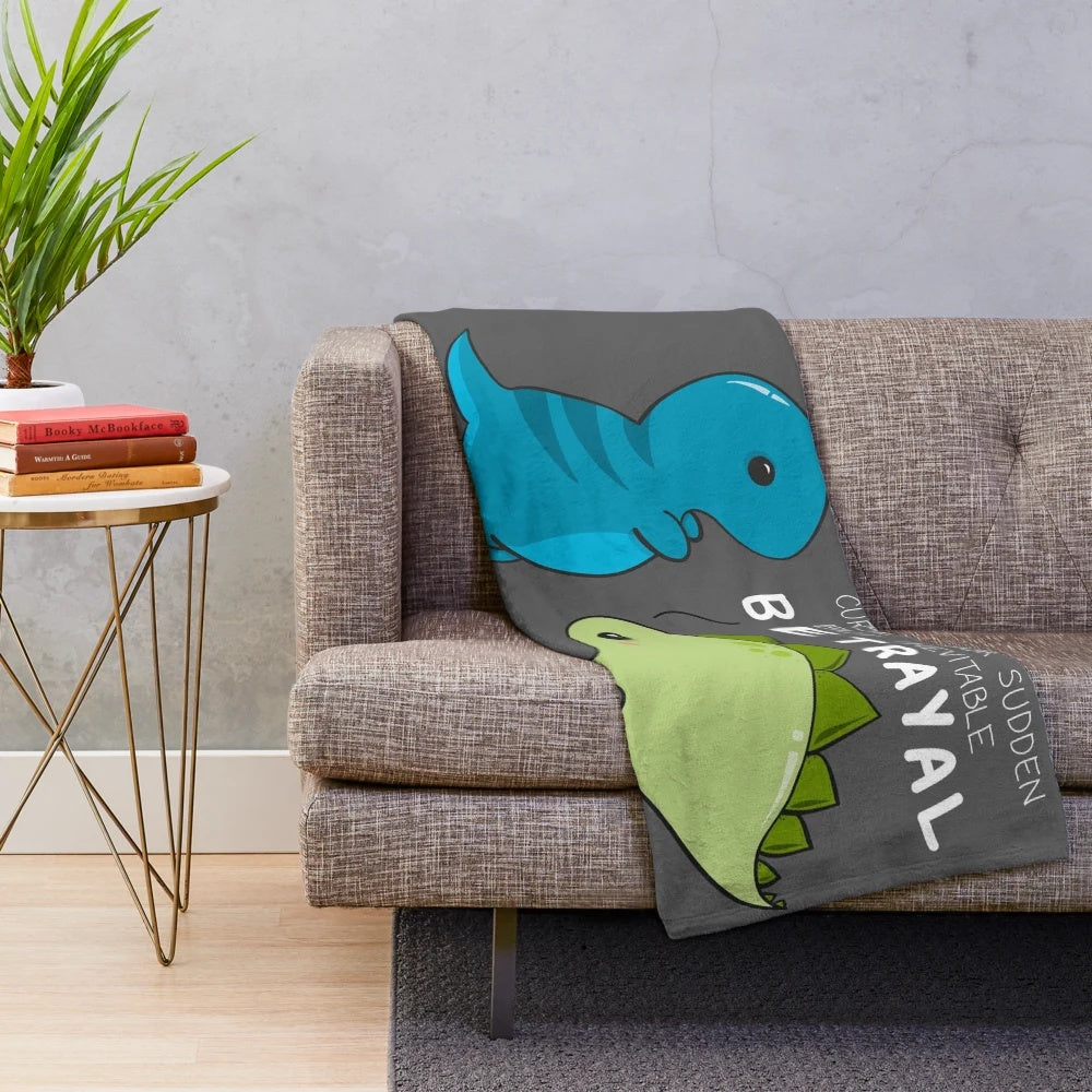 Plush blanket depicting a Firefly-inspired "Curse your sudden but inevitable betrayal" scene with dinosaurs