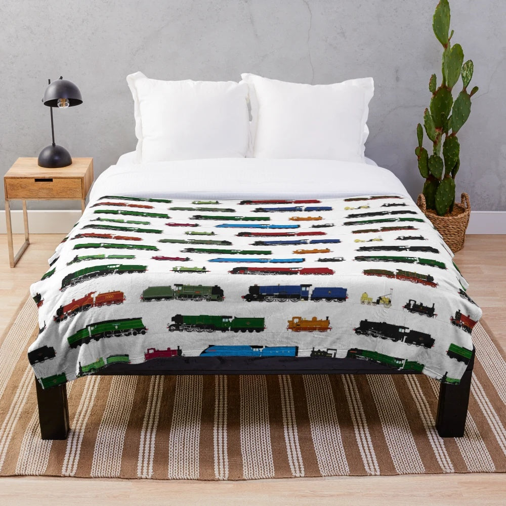Plush blanket with iconic British steam trains design