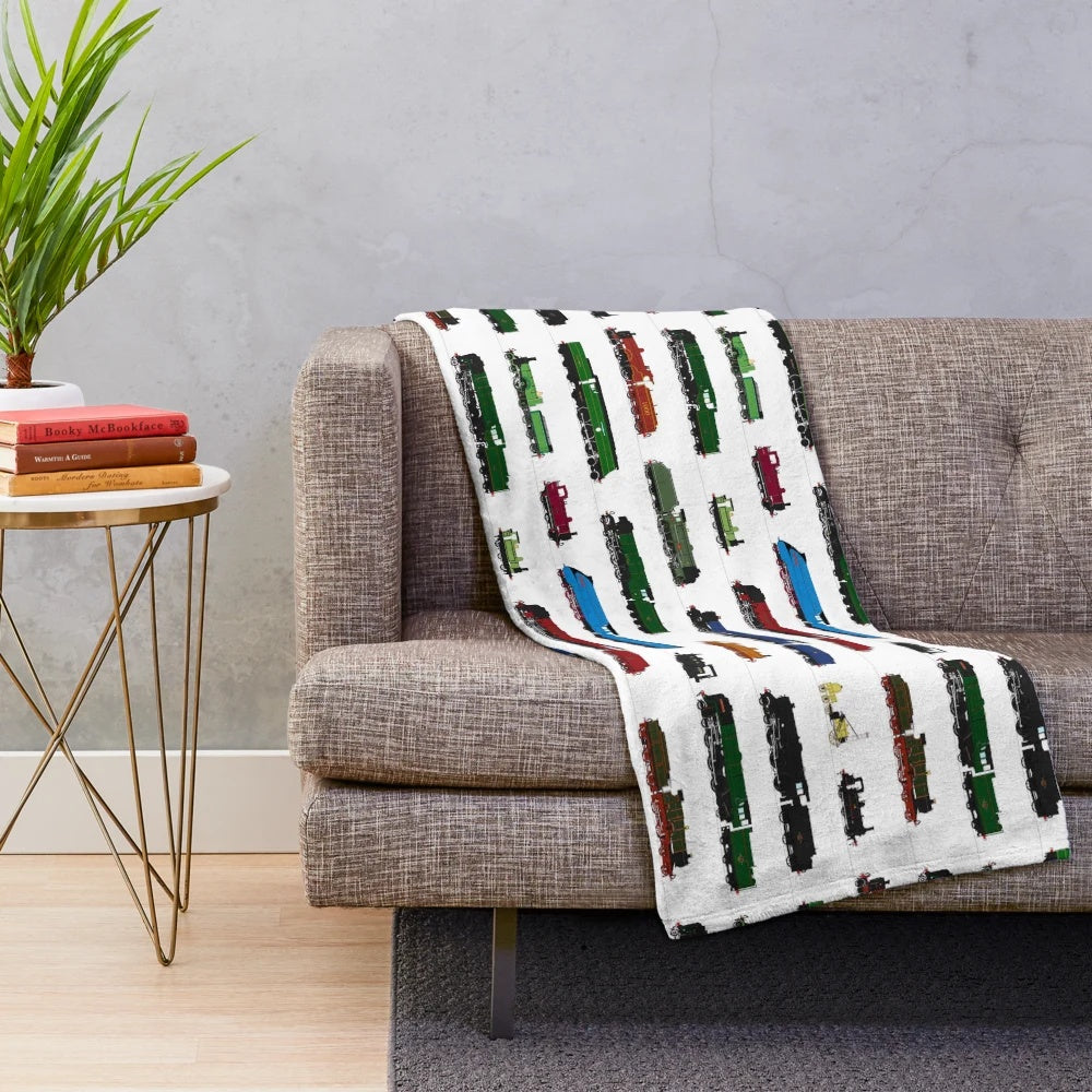 Plush blanket with iconic British steam trains design