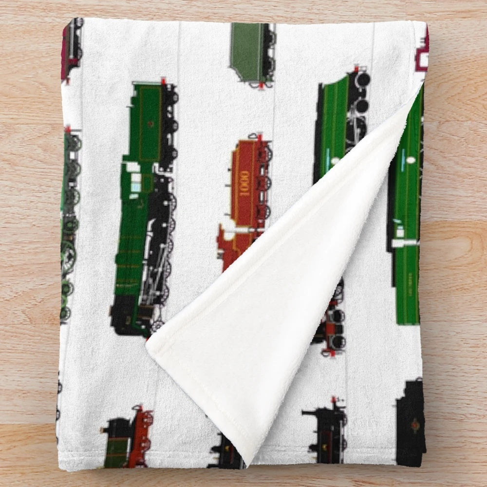 Plush blanket with iconic British steam trains design