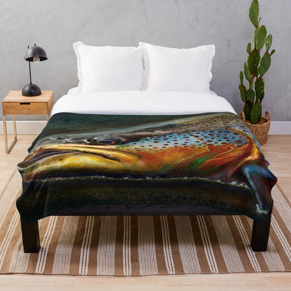 Brown trout plush blanket for fishing enthusiasts
