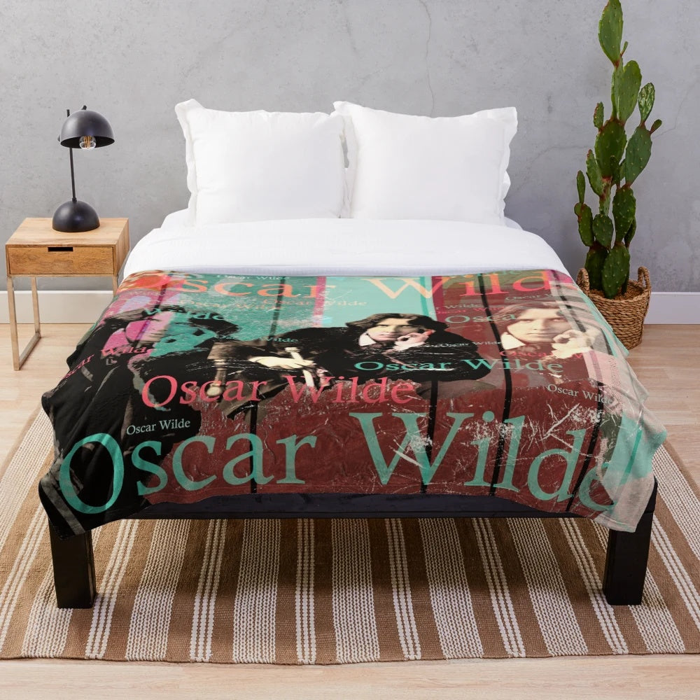 Cozy plush blanket with a collage design featuring portrait of famous writer Oscar Wilde