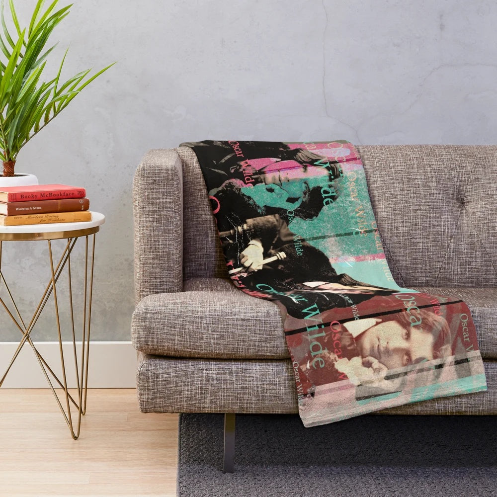 Cozy plush blanket with a collage design featuring portrait of famous writer Oscar Wilde