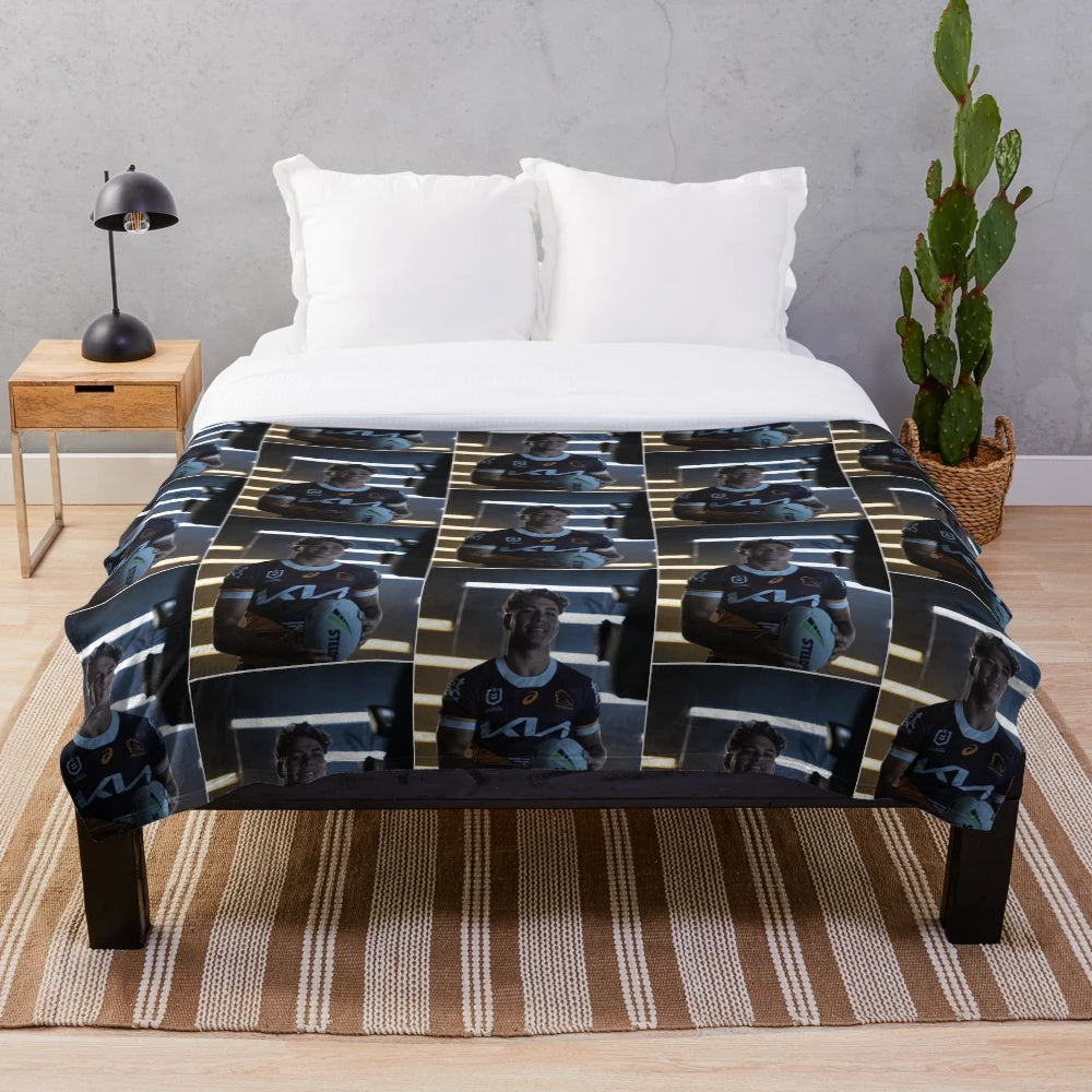 Plush blanket with image of Reece Walsh(4), player for the New Zealand Warriors rugby league team