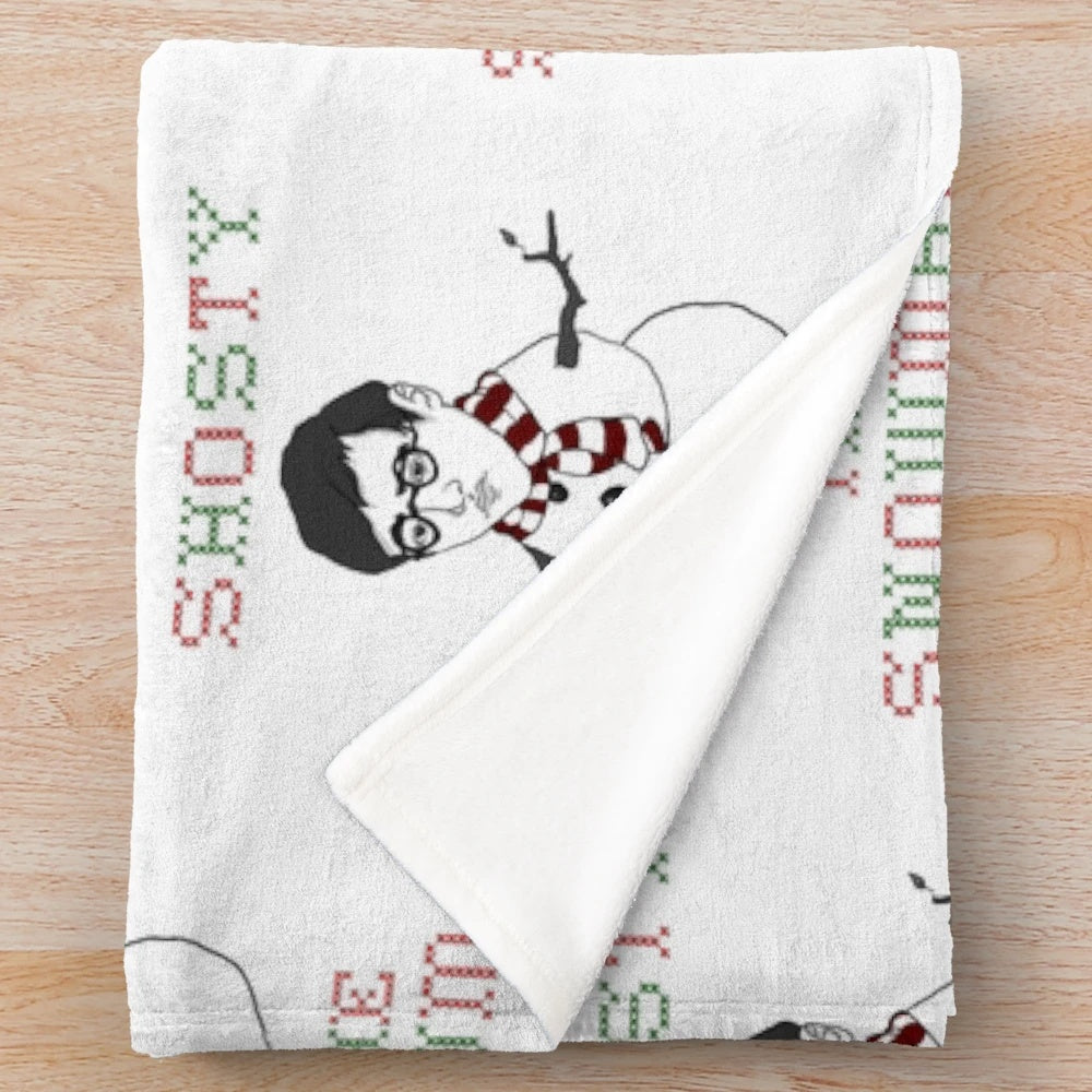 Shosty the Snowman plush blanket with musical notes and winter scene