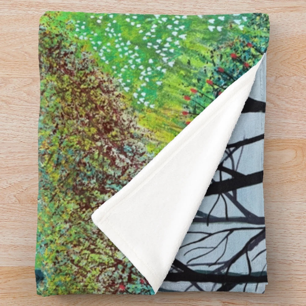 Plush blanket with snowdrop copse and nature landscape artwork by Jo Grundy