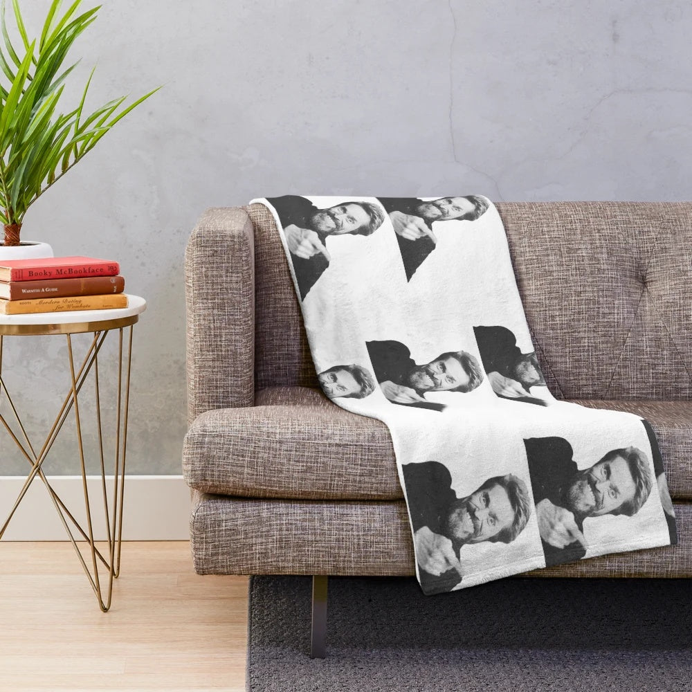 Plush blanket with a black and white portrait of acclaimed actor Willem Dafoe