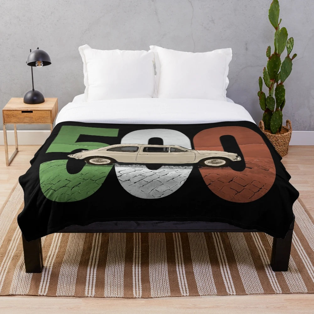 Plush blanket with image of classic Fiat 500 automobile