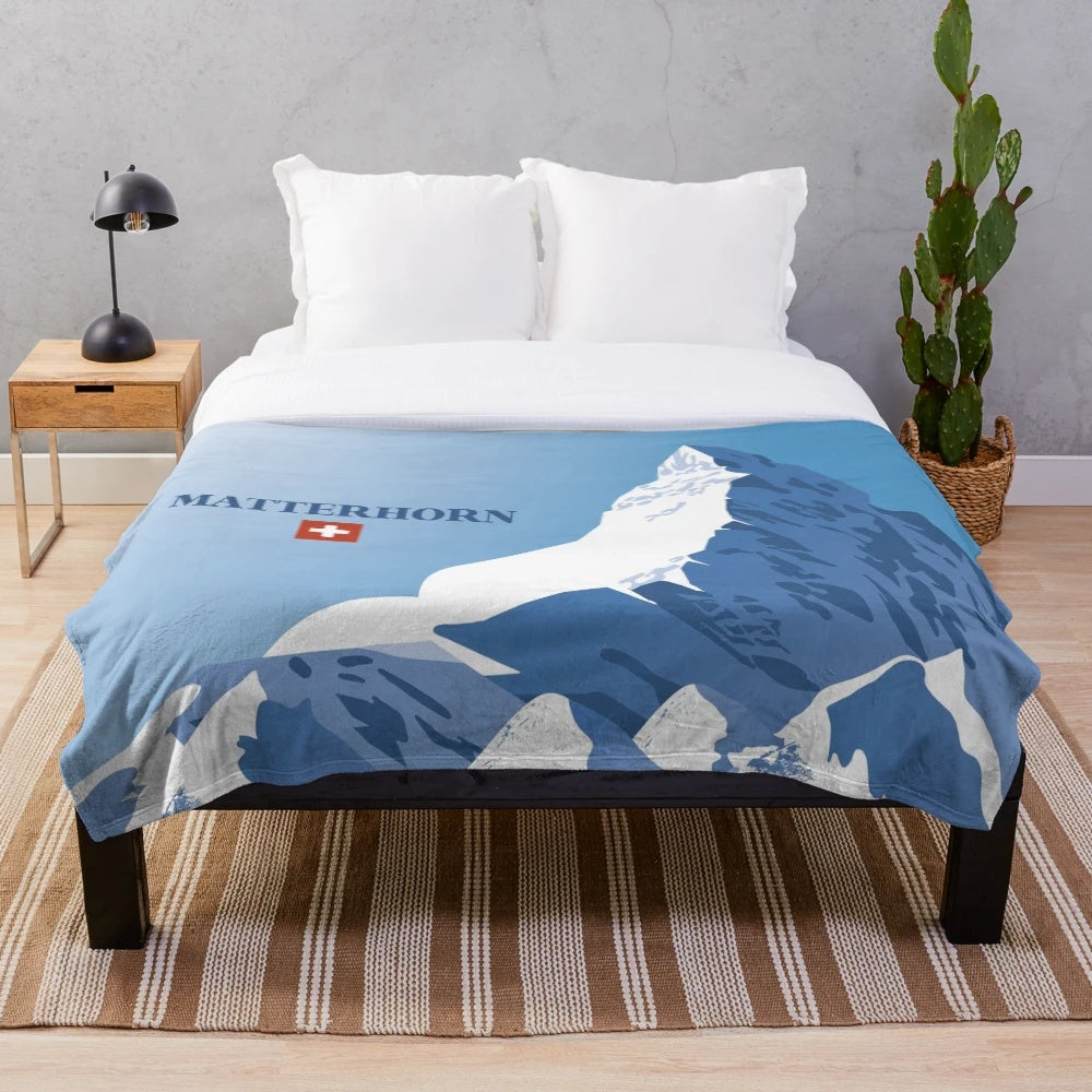 Plush blanket depicting the Matterhorn mountain in Zermatt, Switzerland, a popular ski resort destination