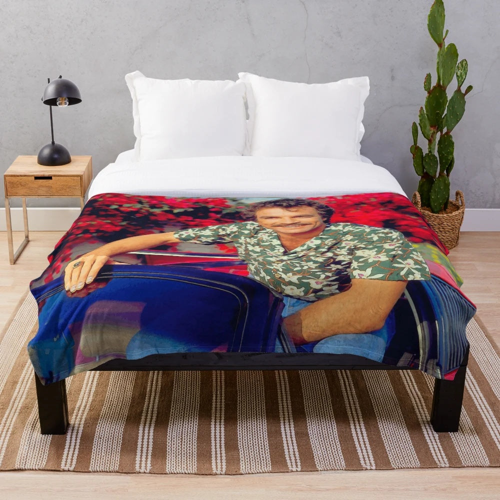 Plush blanket with vintage pop art design featuring Tom Selleck in his iconic Magnum P.I. role