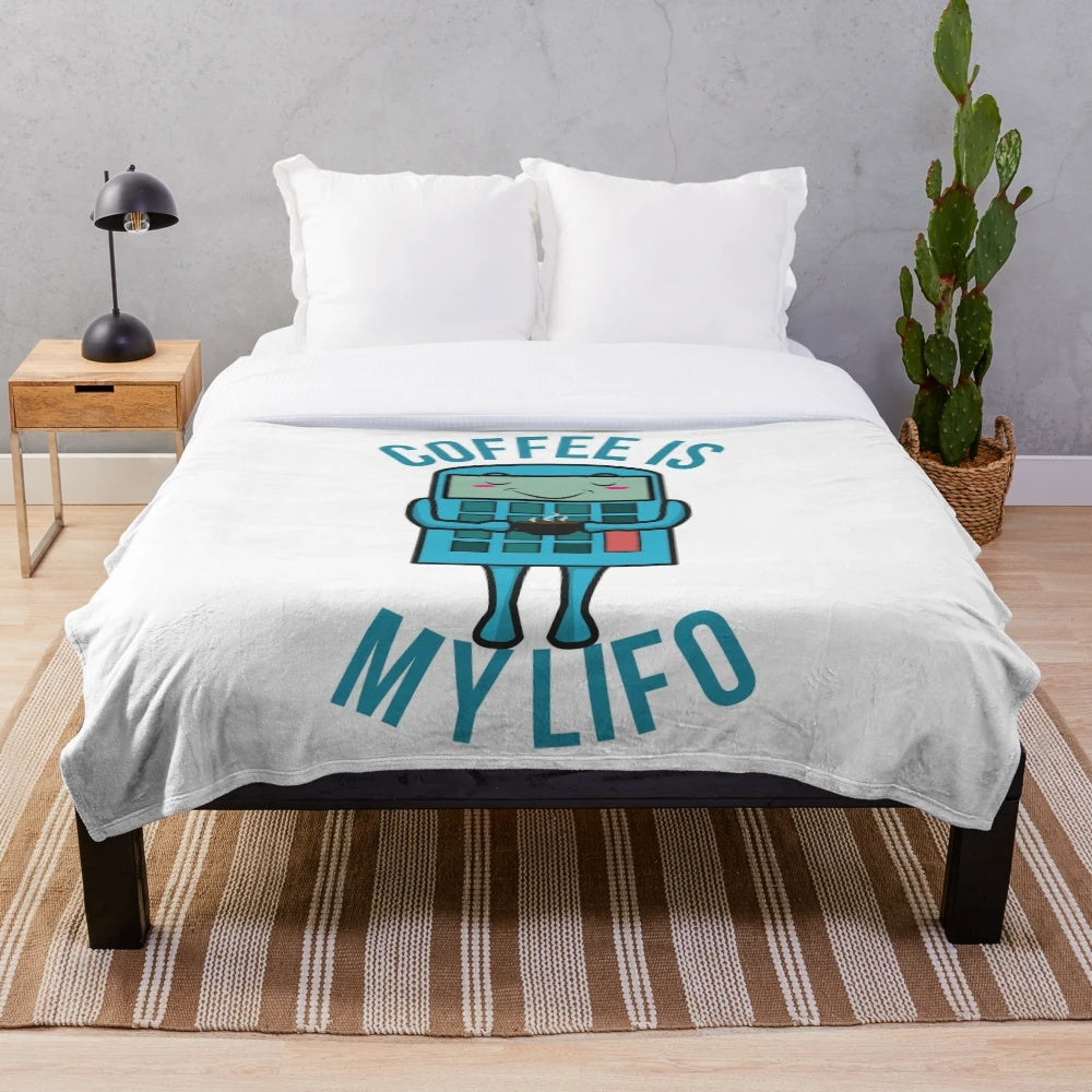 Plush blanket with a "Coffee Is My Lifo" accounting pun design