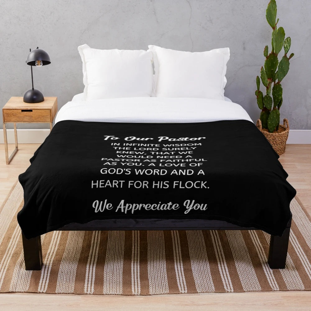 Plush blanket with "To Our Pastor - We Appreciate You" design