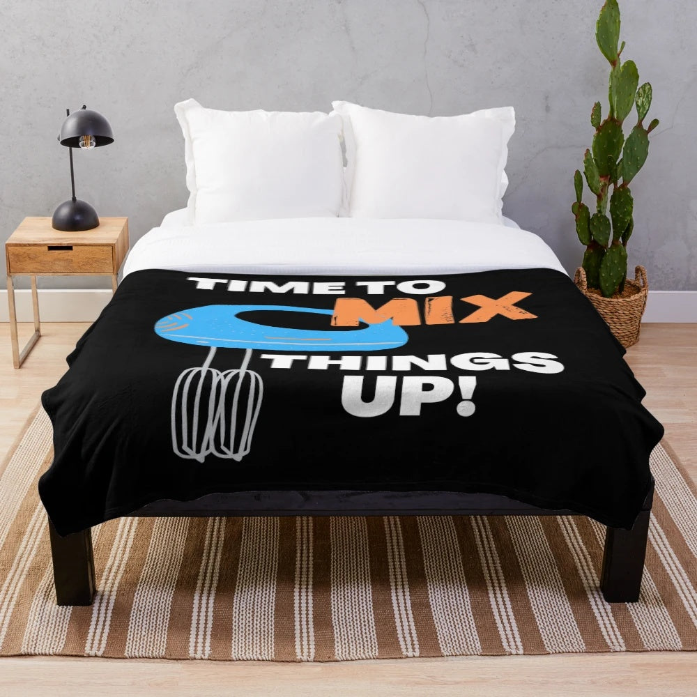 Soft and textured plush blanket with mixer and cooking graphics