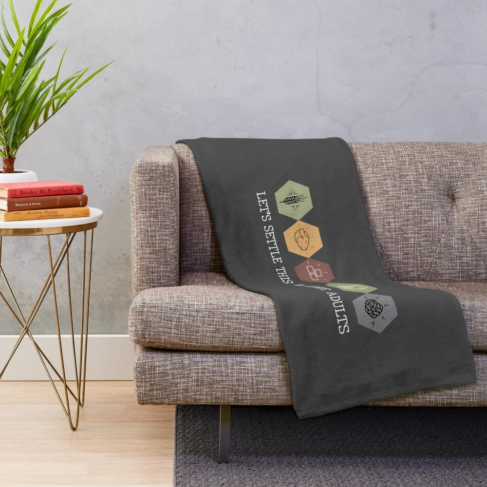 Plush blanket with "Let's Settle This Like Adults" design, perfect for catan board game enthusiasts