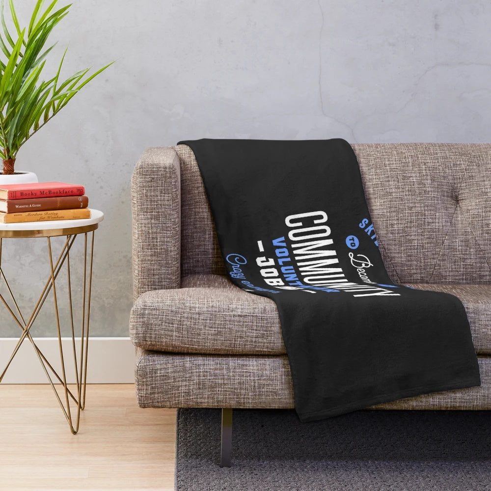 Soft plush blanket featuring text about community volunteer jobs and opportunities