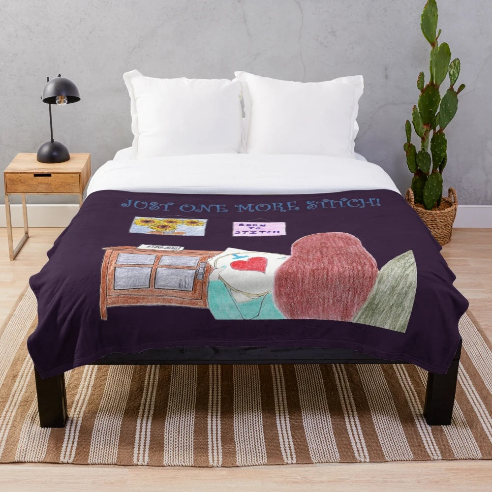 Purple plush blanket with "Just One More Stitch!" design, perfect for sewing, stitching, and craft enthusiasts.