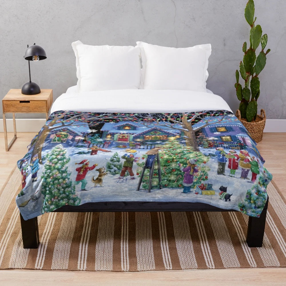 Plush blanket with snowy winter scene for Christmas decor