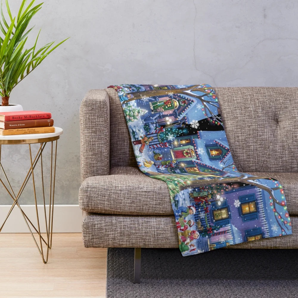 Plush blanket with snowy winter scene for Christmas decor