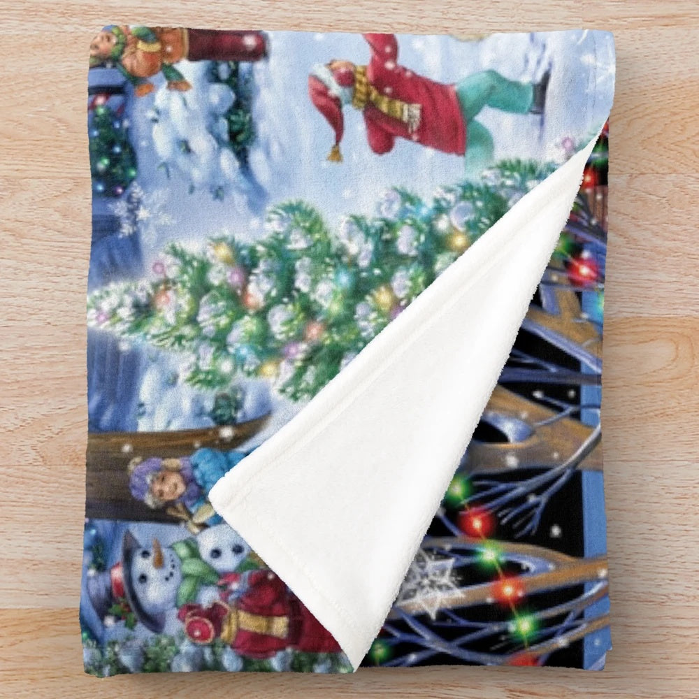 Plush blanket with snowy winter scene for Christmas decor