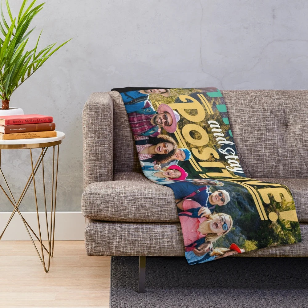 Plush blanket for hiking and outdoor adventures, featuring positive design