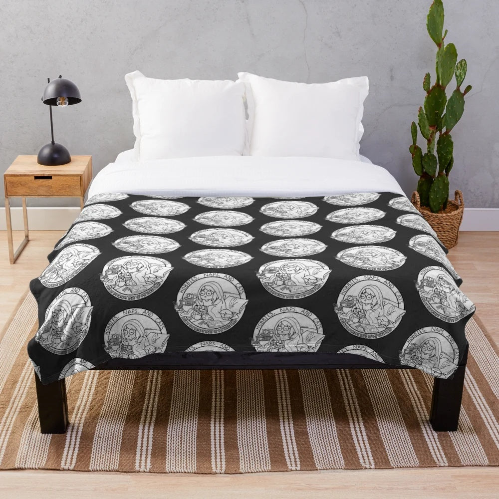 Colorless plush blanket featuring a minimalist design of hobbies, naps, and cats