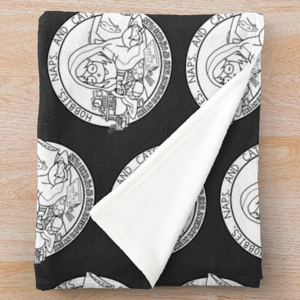 Colorless plush blanket featuring a minimalist design of hobbies, naps, and cats
