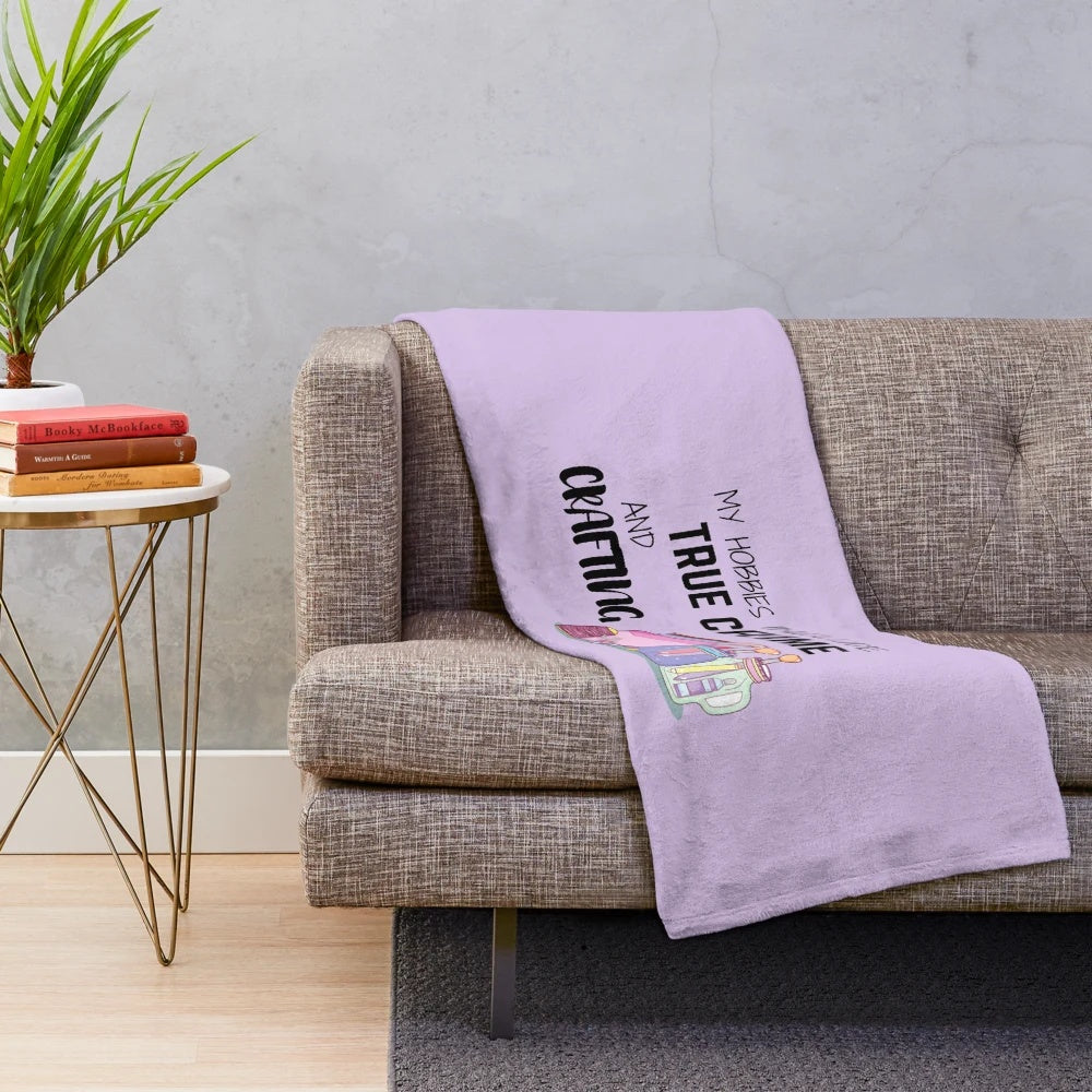 Plush blanket with "My Hobbies Include True Crime and Crafting" design