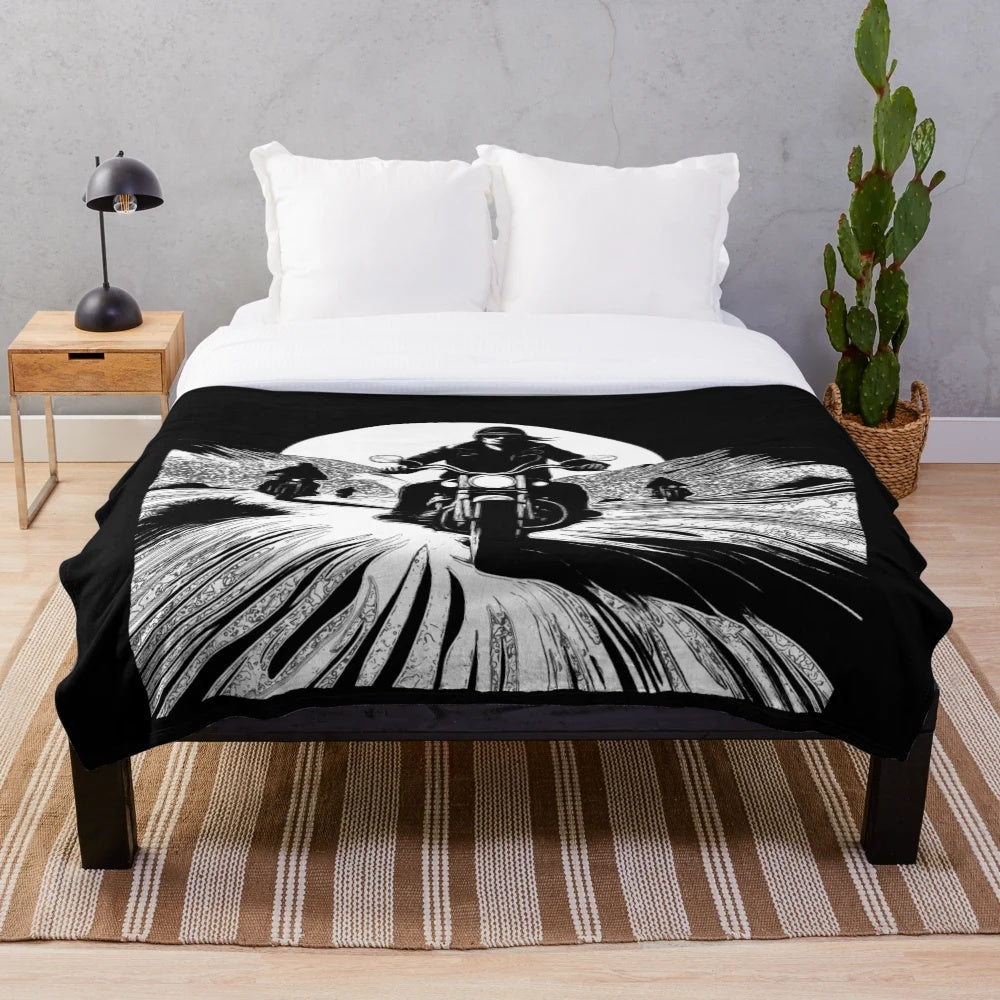 Plush blanket featuring motorcycle culture and desert riding imagery