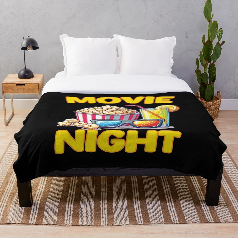 Plush blanket with movie night, popcorn, and lemonade design