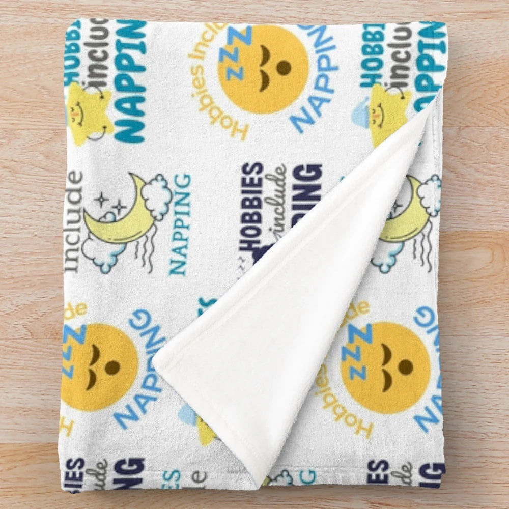 Plush blanket with napping and sleep-themed graphic