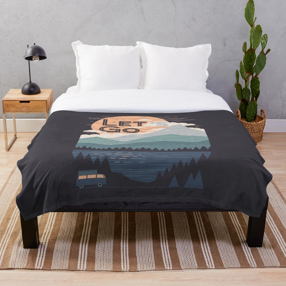 Plush blanket with mountain and nature graphic design