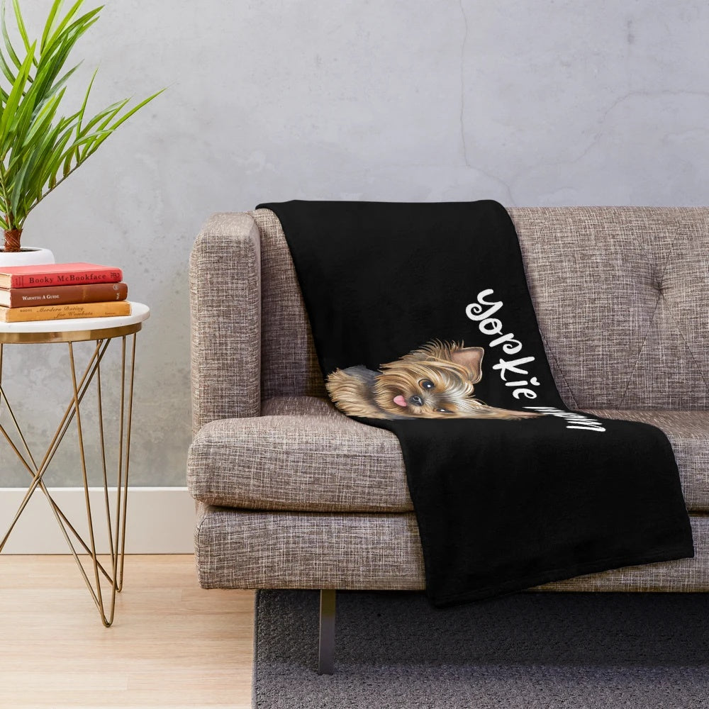Plush blanket with adorable yorkie mom design
