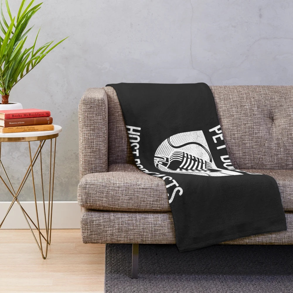 Cozy plush blanket featuring pet dogs and text related to true crime podcasts