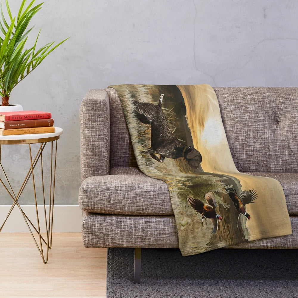 Plush blanket featuring a german shorthaired pointer (GSP) hunting pheasant