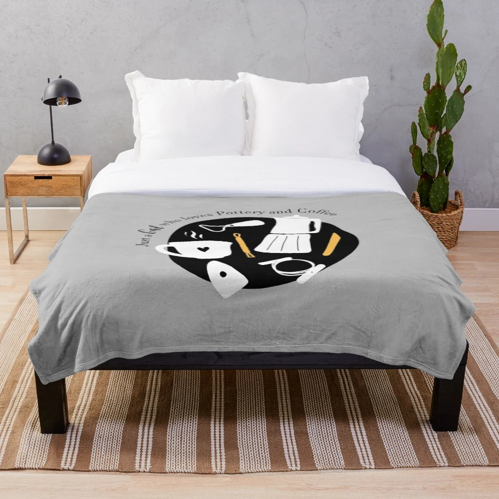 Plush blanket with a design featuring a girl who loves pottery and coffee