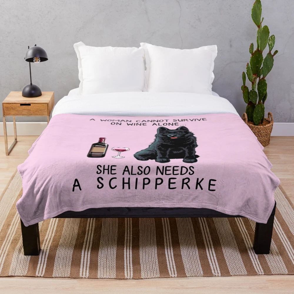 Soft and Cozy Plush Blanket with Schipperke Dog and Wine Design