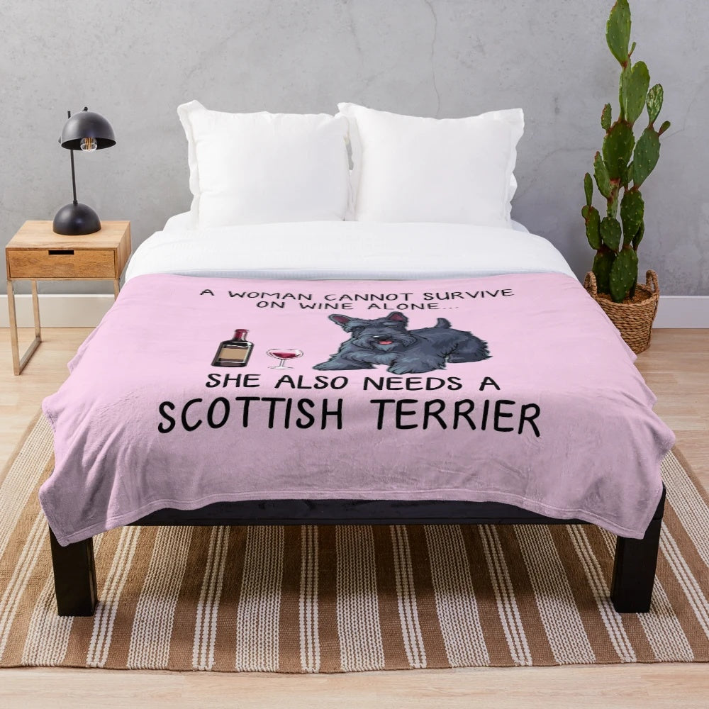 Soft and Warm Plush Blanket with Cute Scottish Terrier and Wine Design