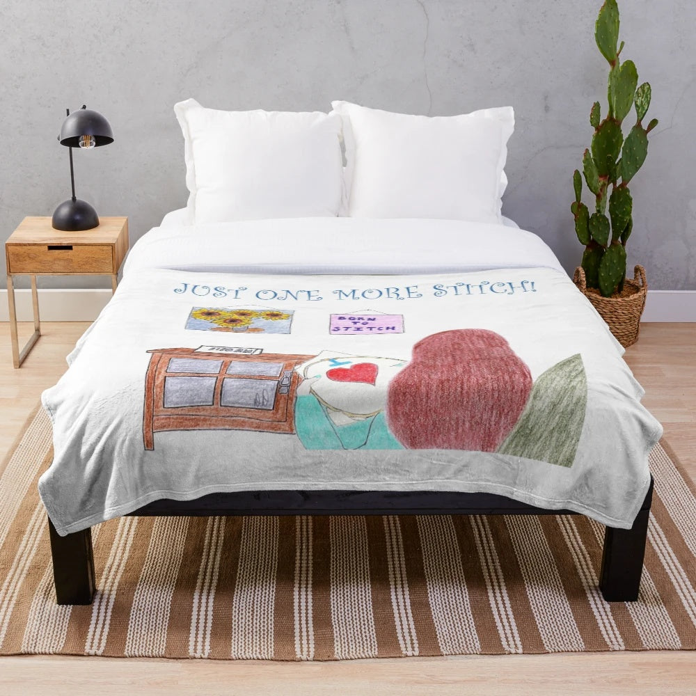 Plush blanket with "Just One More Stitch" text for sewing, stitching, and crafting